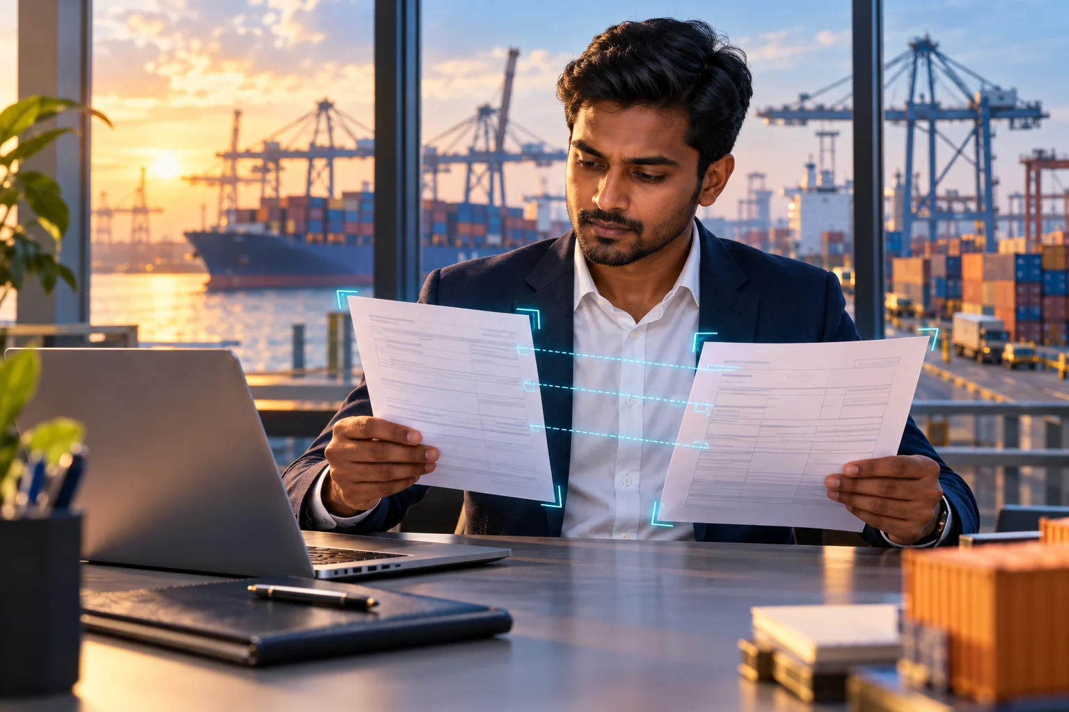 Conceptual image of a Sri Lankan trade professional comparing documents at a container port.