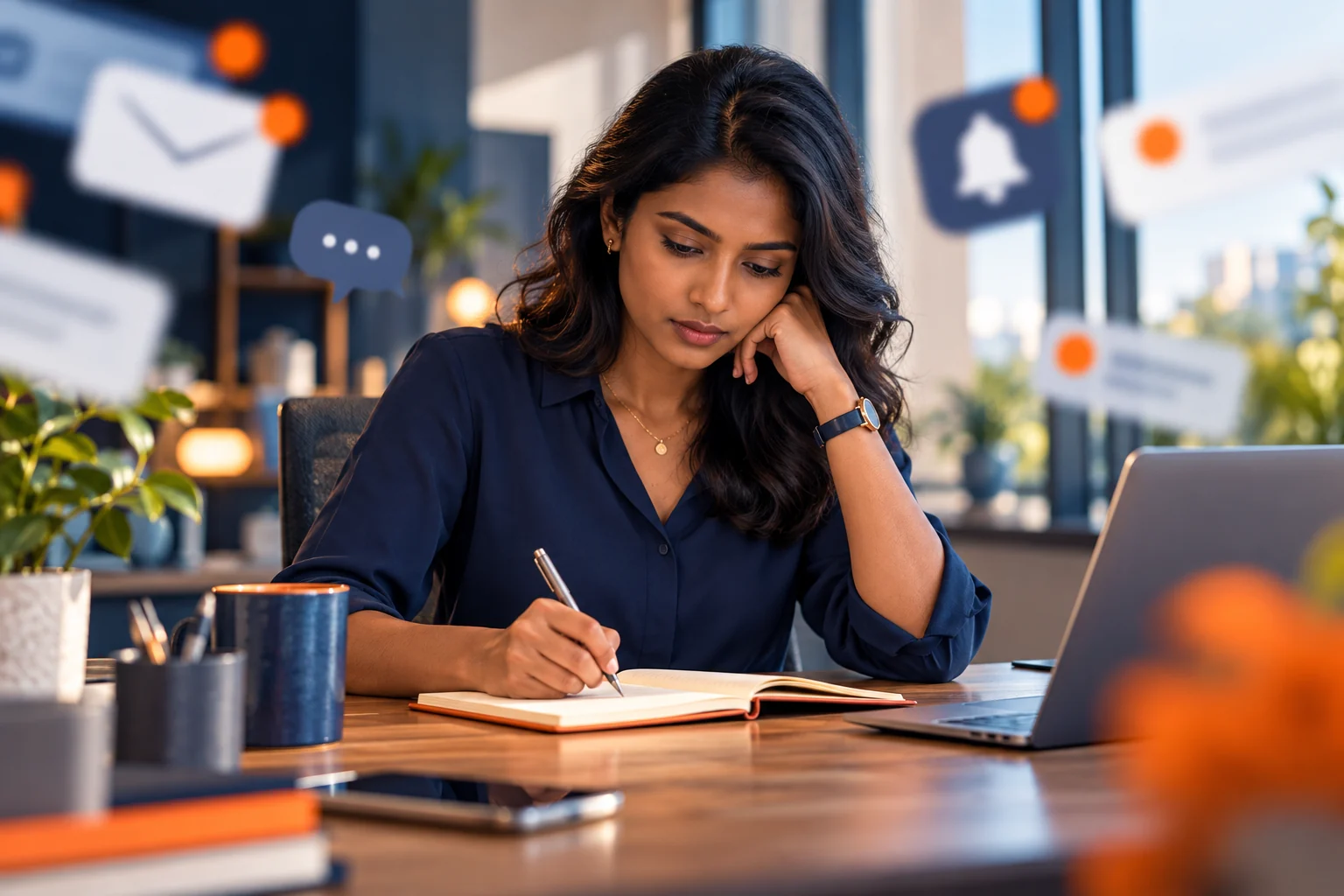 Conceptual image of a professional focusing on a notebook amid blurred notification symbols.