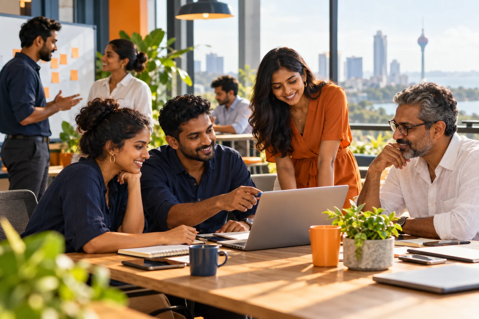 Conceptual image of a multigenerational Sri Lankan team collaborating in a contemporary workspace.