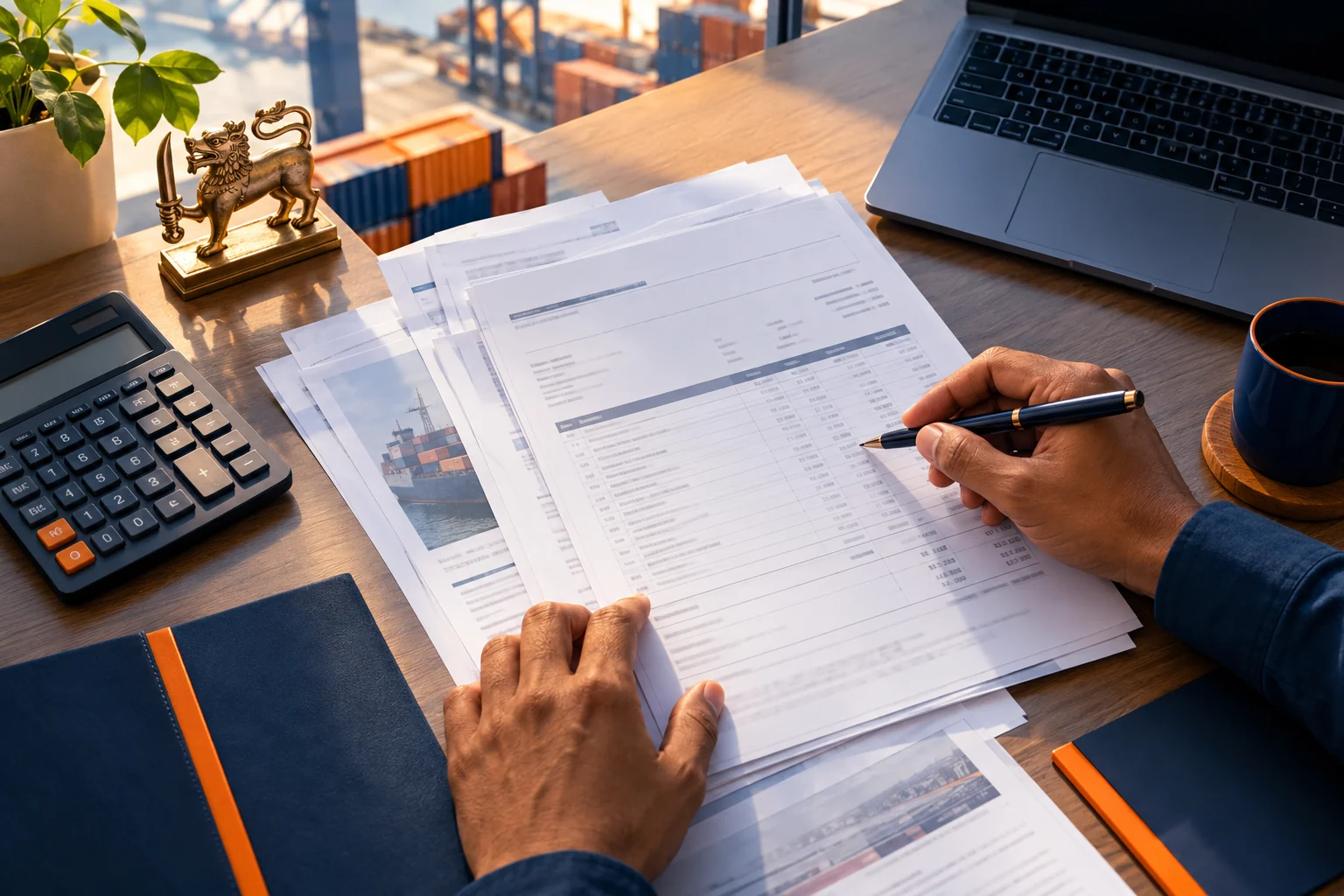 Conceptual desk scene of a person checking invoice line items beside a calculator and laptop.