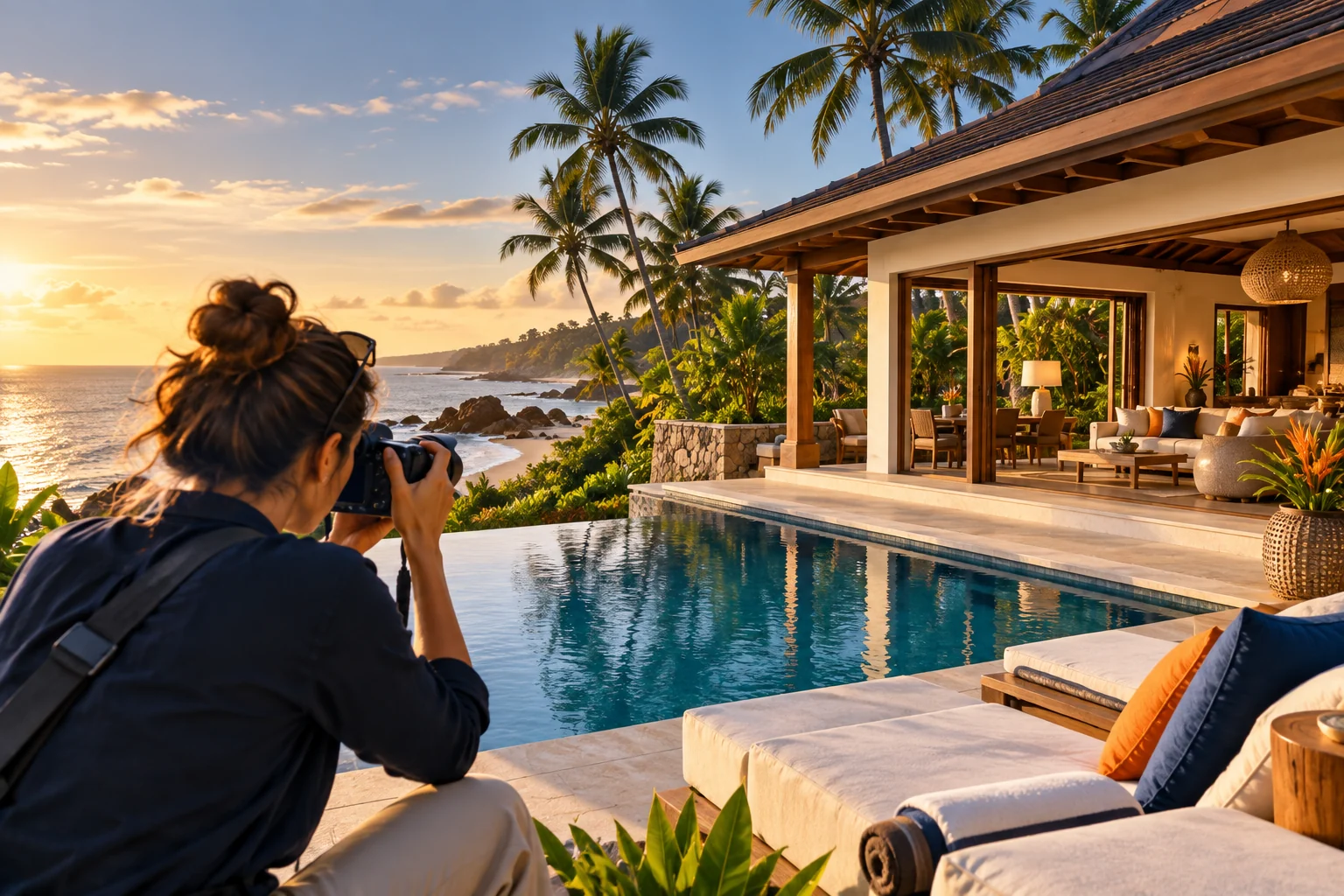Conceptual image of a marketer photographing a tropical villa and swimming pool in warm daylight.